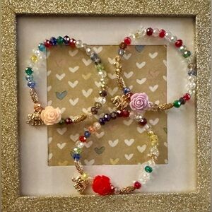 Gold-tone 3pc Bracelet, Multi Color, Peach, Purple & Red Rose, w/Elephant Charm